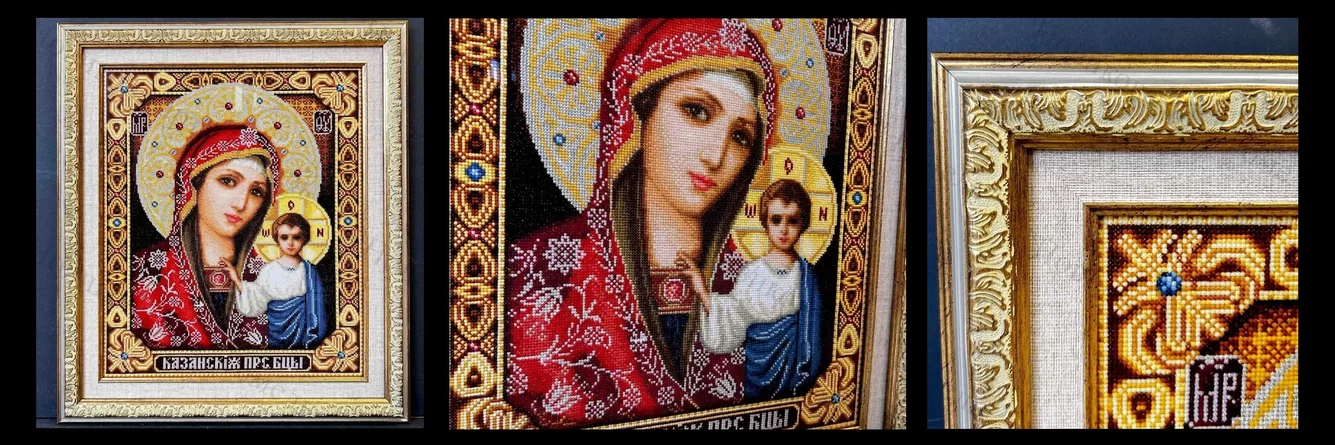 Вышитая икона в двойной раме.